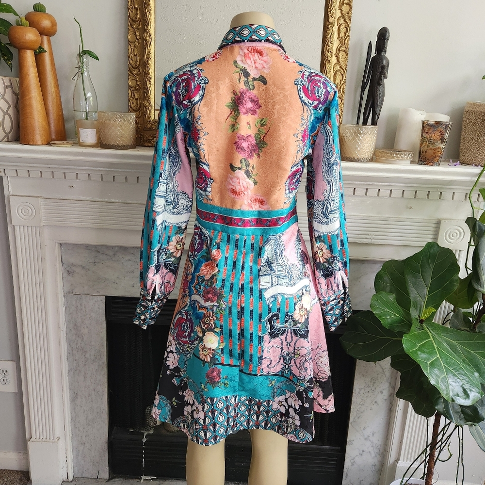 Dalia MacPhee Green Pink Floral Dress Size M Jacquard Bohemian Retro Patchwork - Picture 6 of 10